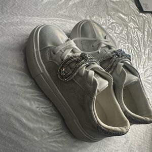 Girls Silver Sneakers with Rhinestone Detail